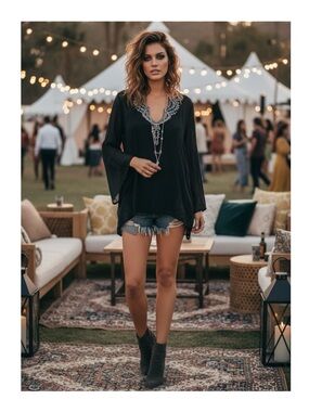 new Chaudry ❃ Sequin Deep Plunge Caftan Top ❃ Swim Cover ❃ Black Silver ❃ Large